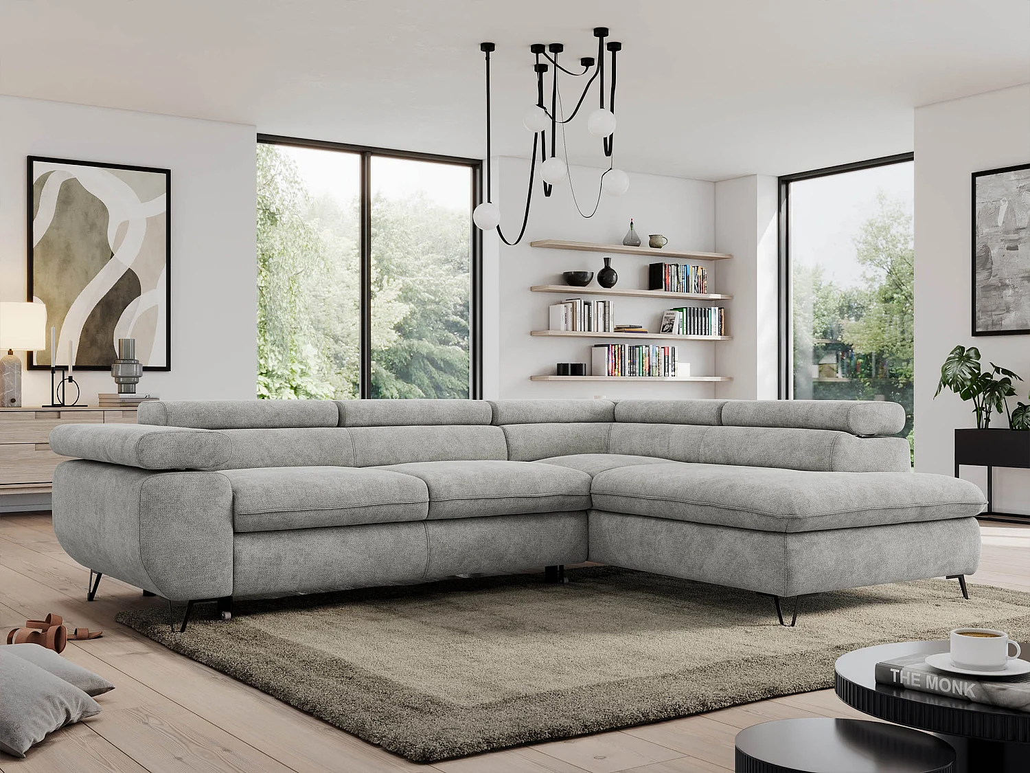 Ecksofa PEDRO - L-Form mit Schlaffunktion 200x125 cm, verstellbaren Kopfstützen - Hellgrau Stukture - Ecke Rechts