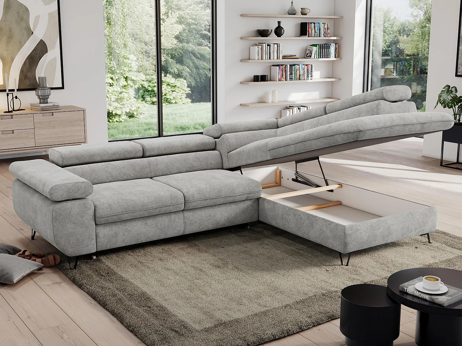 Ecksofa PEDRO - L-Form mit Schlaffunktion 200x125 cm, verstellbaren Kopfstützen - Hellgrau Stukture - Ecke Rechts