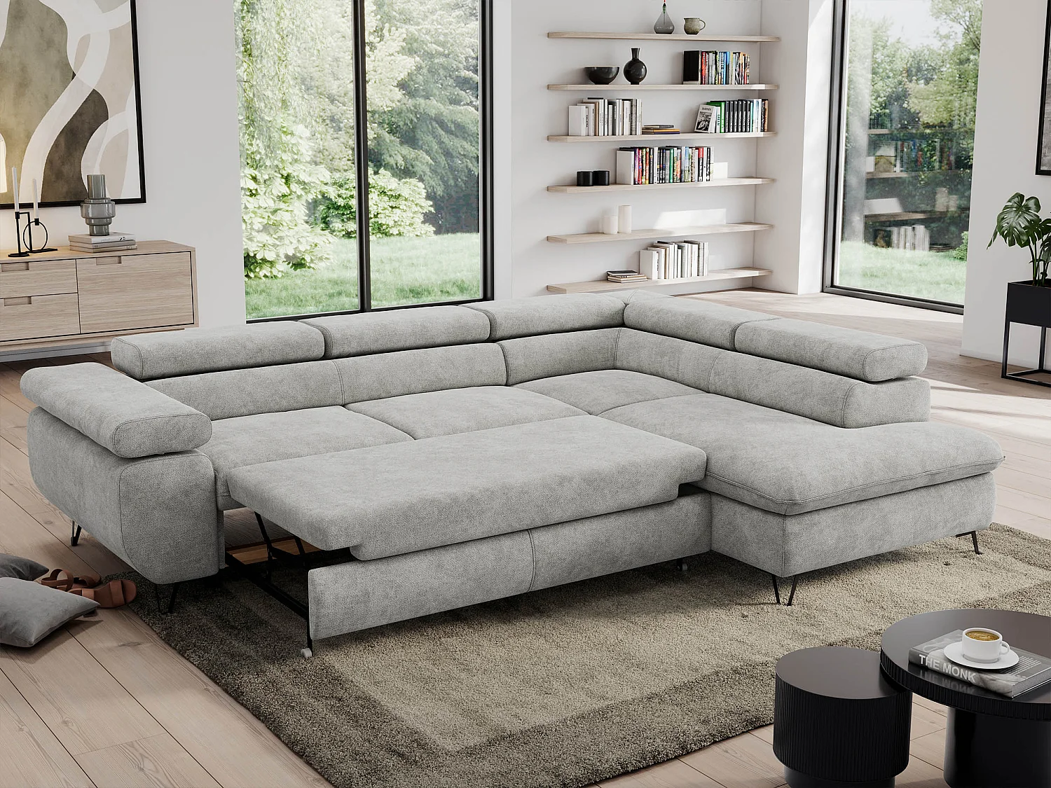 Ecksofa PEDRO - L-Form mit Schlaffunktion 200x125 cm, verstellbaren Kopfstützen - Hellgrau Stukture - Ecke Rechts