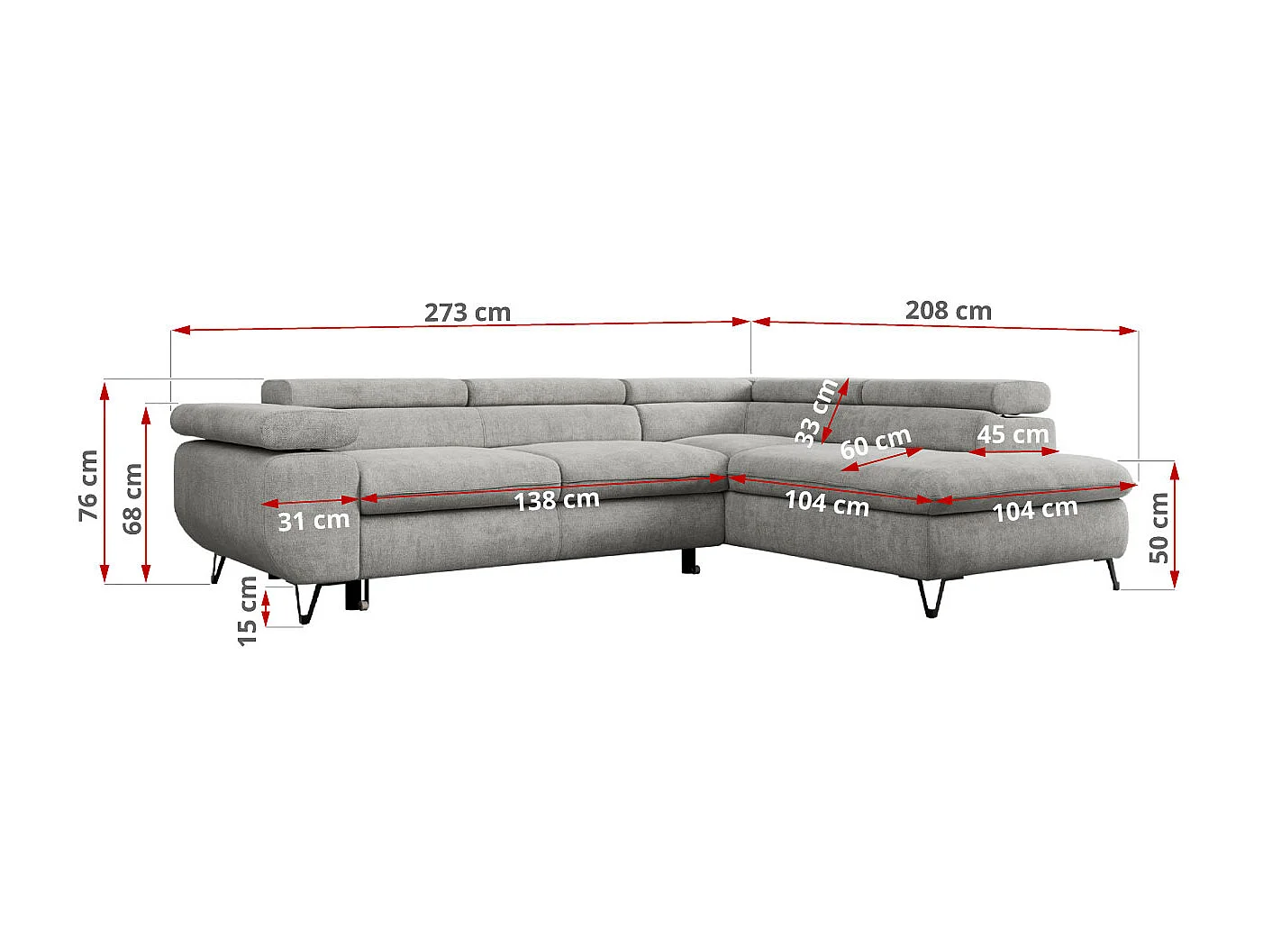 Ecksofa PEDRO - L-Form mit Schlaffunktion 200x125 cm, verstellbaren Kopfstützen - Hellgrau Stukture - Ecke Rechts