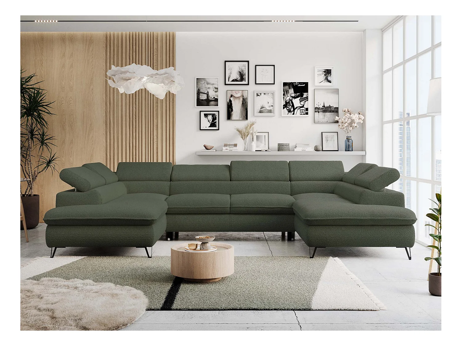 Ecksofa PETER U - schlaffunktion und Bettkästen, verstellbare Kopfstützen - Grün Boucle