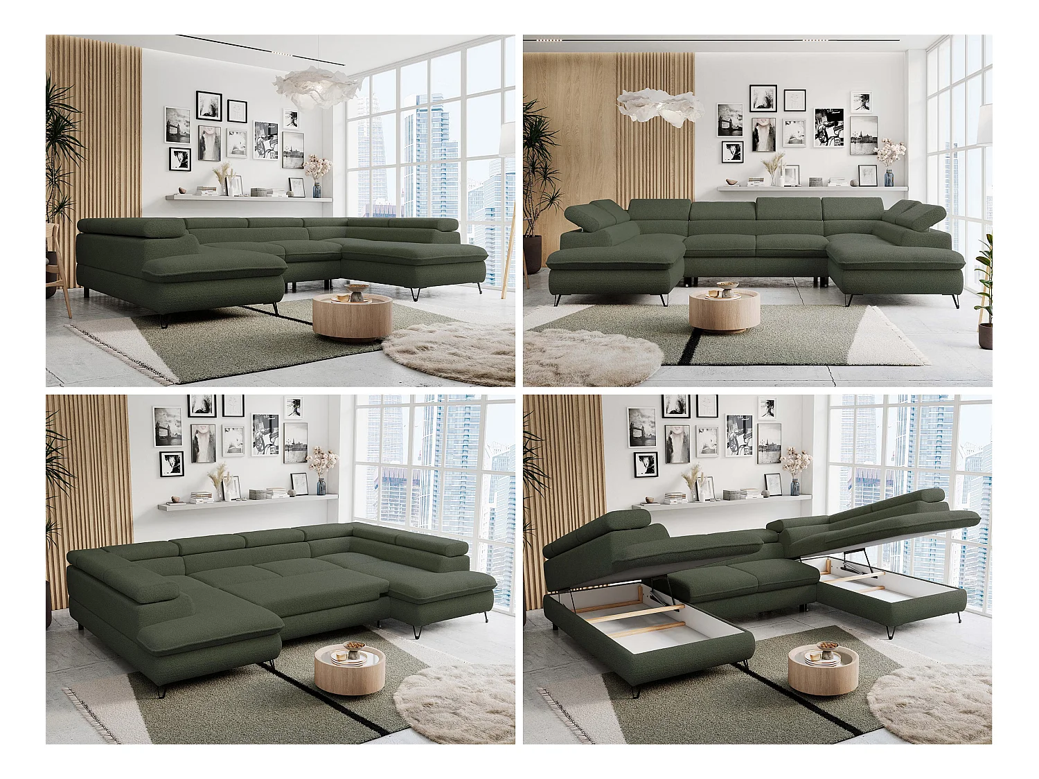 Ecksofa PETER U - schlaffunktion und Bettkästen, verstellbare Kopfstützen - Grün Boucle