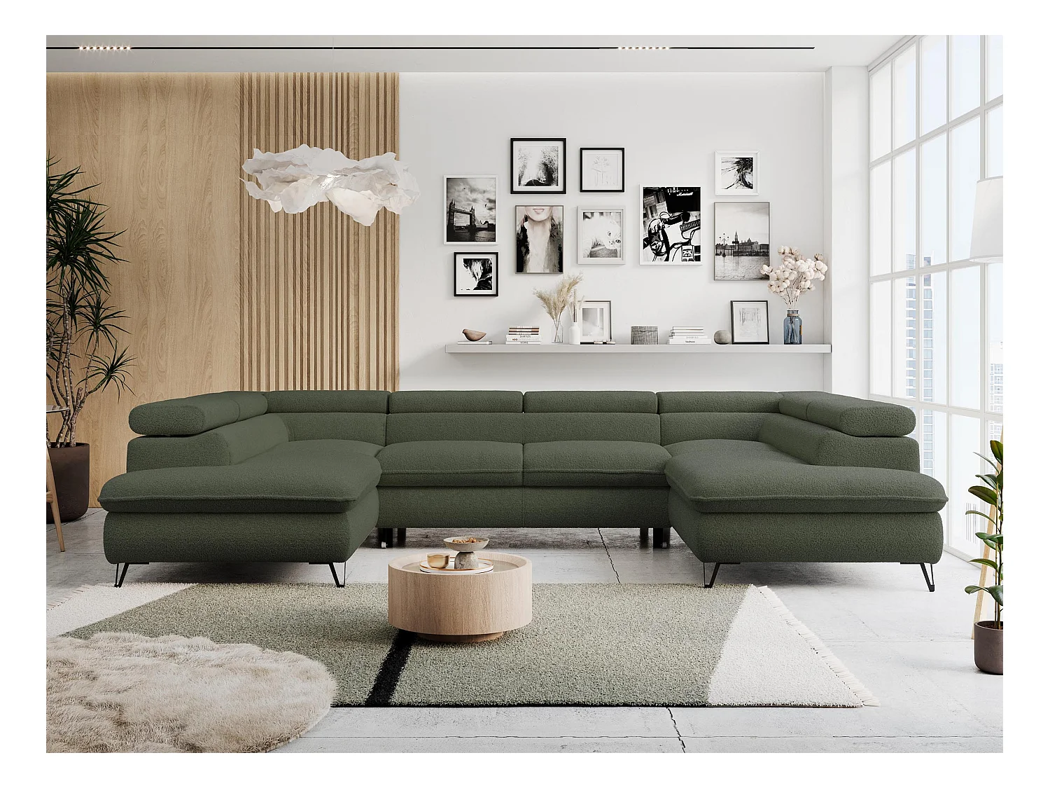 Ecksofa PETER U - schlaffunktion und Bettkästen, verstellbare Kopfstützen - Grün Boucle