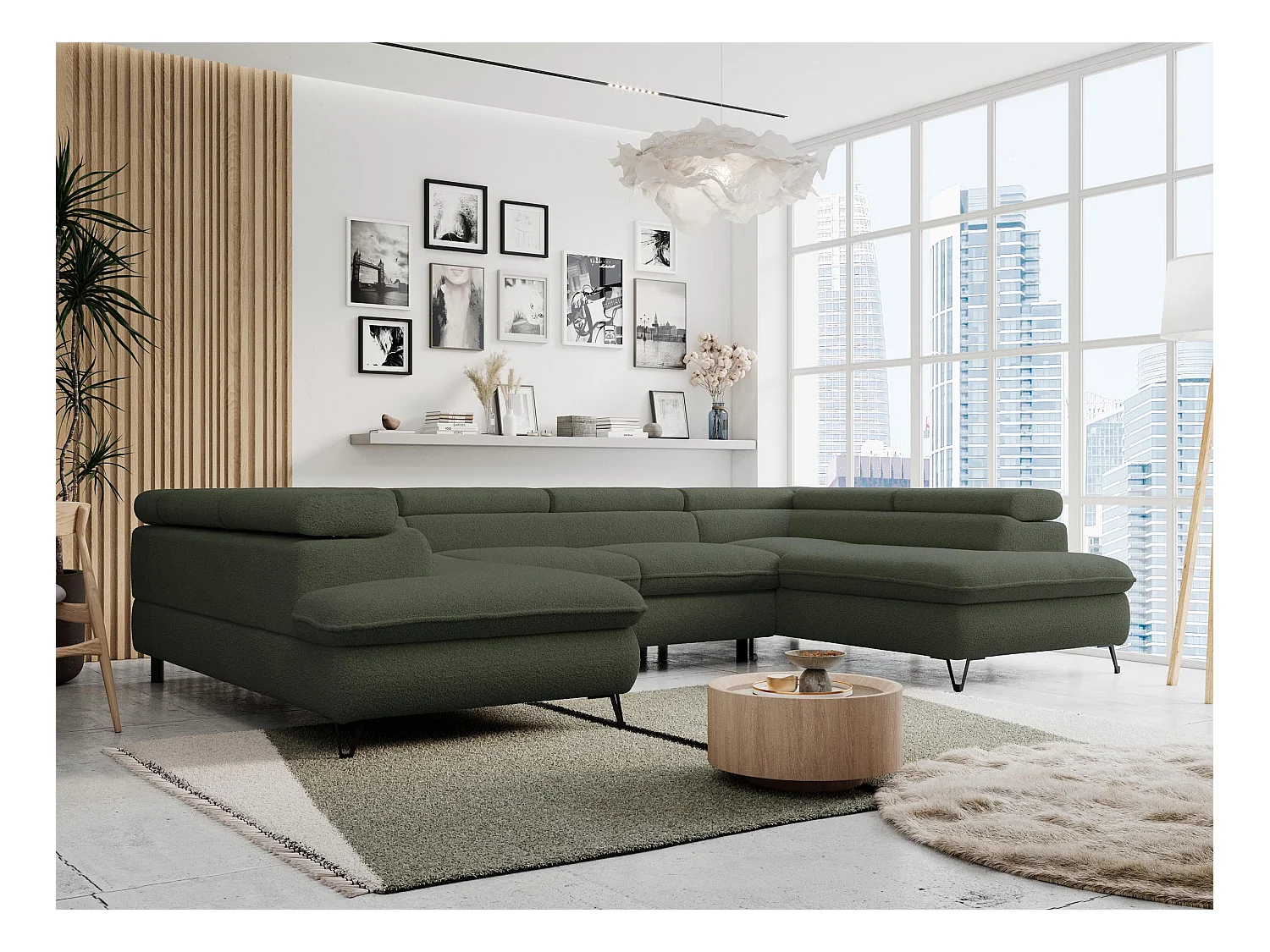 Ecksofa PETER U - schlaffunktion und Bettkästen, verstellbare Kopfstützen - Grün Boucle