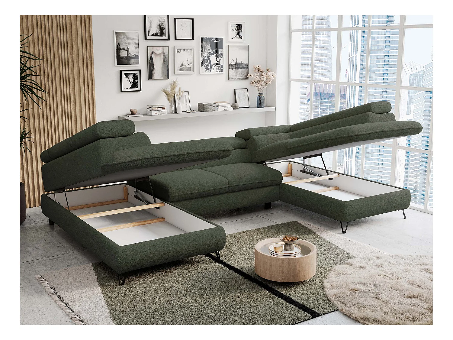 Ecksofa PETER U - schlaffunktion und Bettkästen, verstellbare Kopfstützen - Grün Boucle
