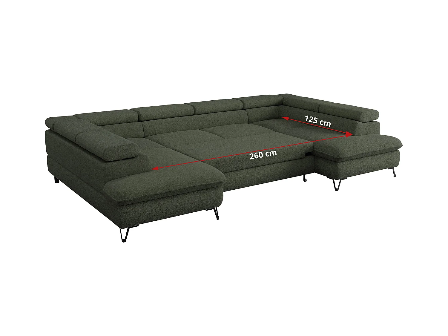 Ecksofa PETER U - schlaffunktion und Bettkästen, verstellbare Kopfstützen - Grün Boucle