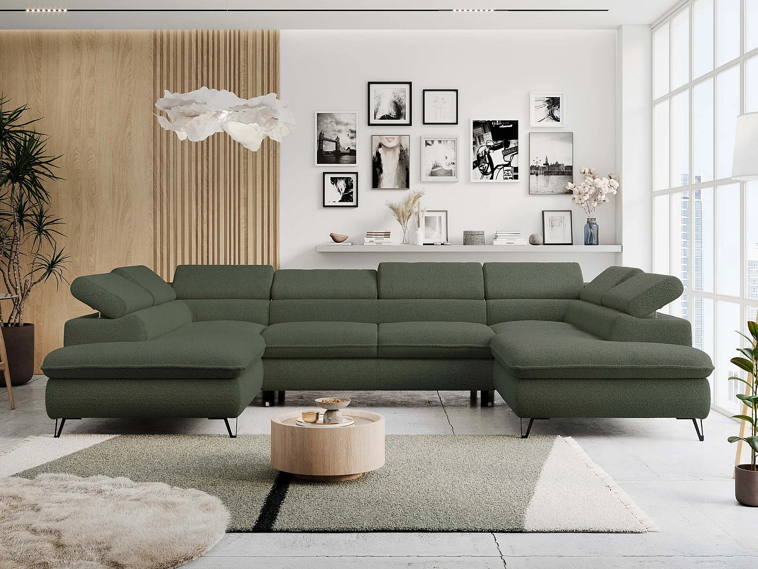 Ecksofa PETER U - schlaffunktion und Bettkästen, verstellbare Kopfstützen - Grün Boucle