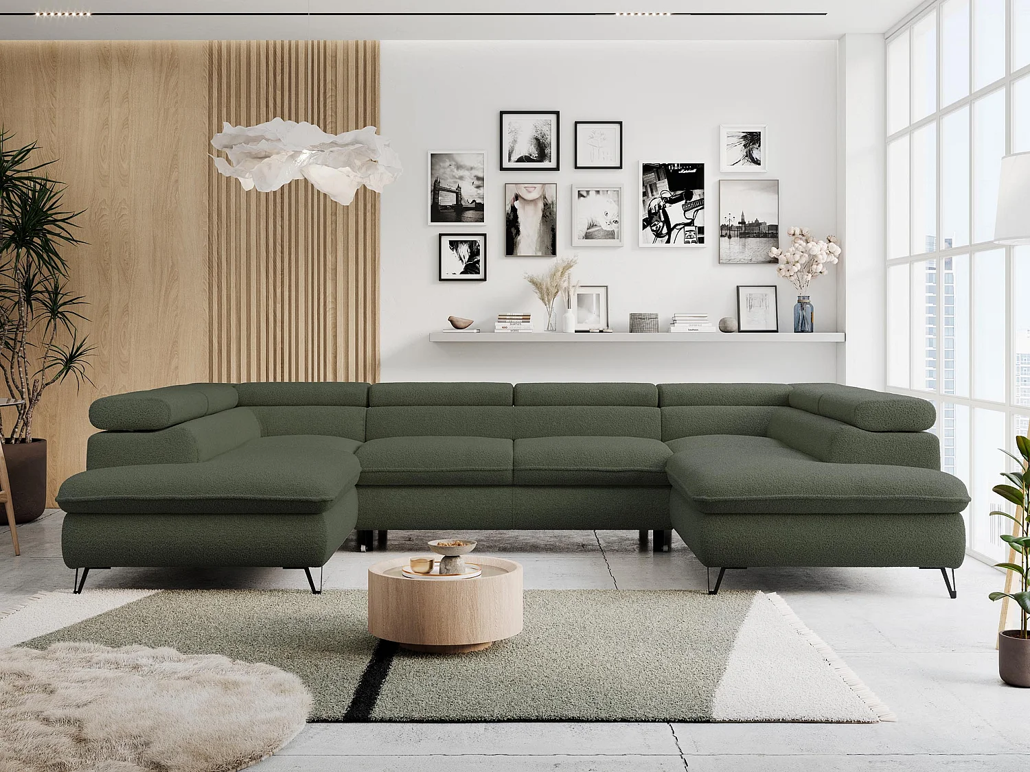 Ecksofa PETER U - schlaffunktion und Bettkästen, verstellbare Kopfstützen - Grün Boucle