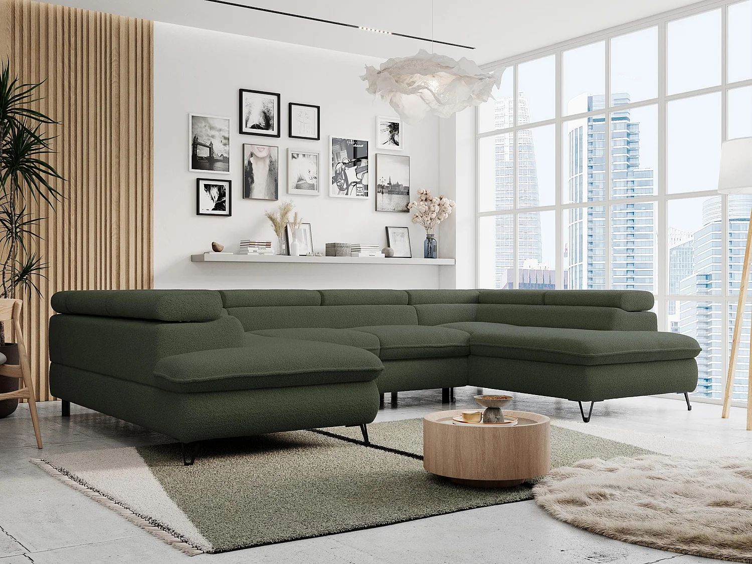 Ecksofa PETER U - schlaffunktion und Bettkästen, verstellbare Kopfstützen - Grün Boucle