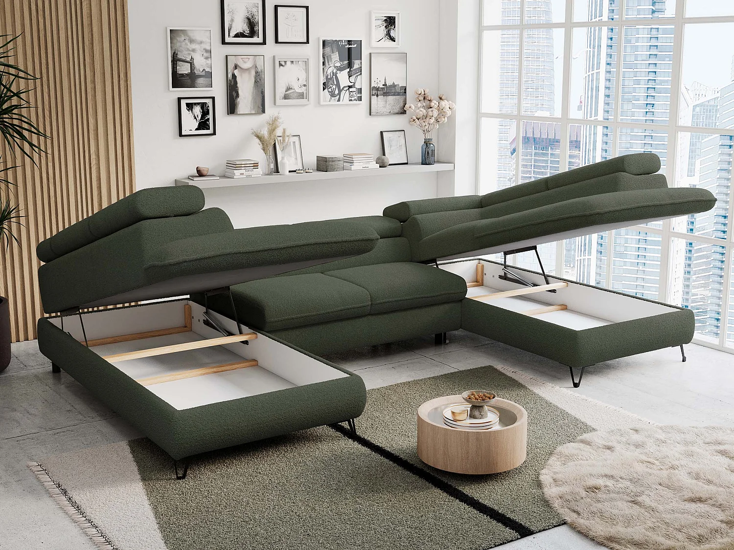 Ecksofa PETER U - schlaffunktion und Bettkästen, verstellbare Kopfstützen - Grün Boucle