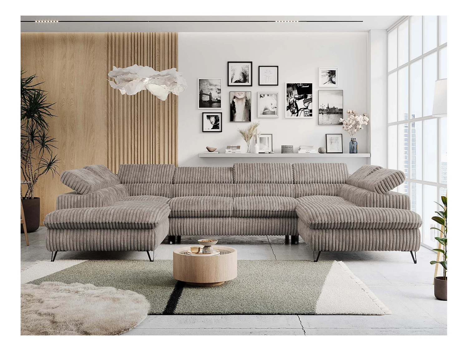 Ecksofa PETER U - schlaffunktion und Bettkästen, verstellbare Kopfstützen - Hellbraun Cord