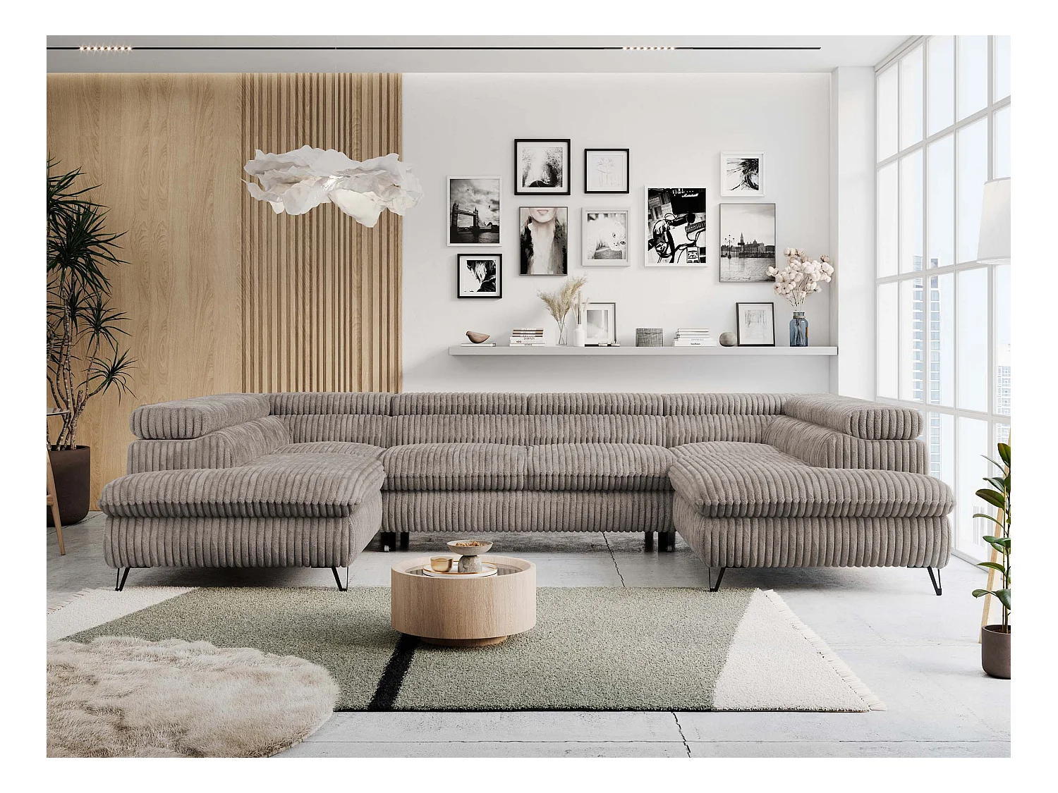 Ecksofa PETER U - schlaffunktion und Bettkästen, verstellbare Kopfstützen - Hellbraun Cord