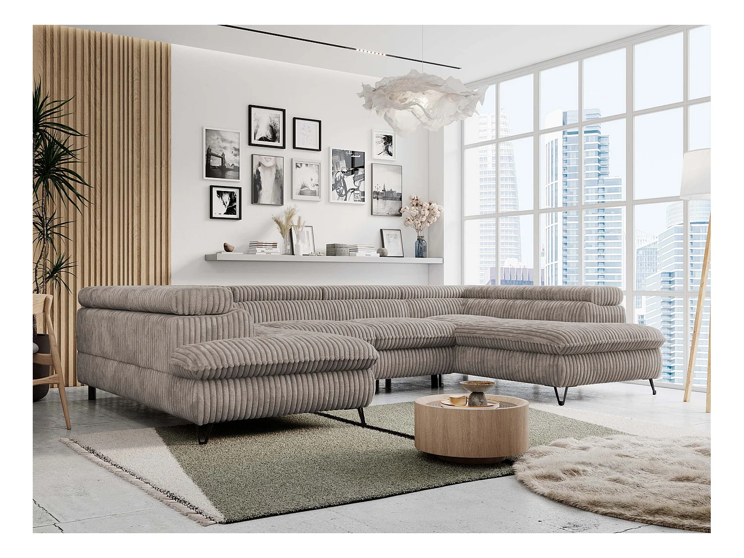 Ecksofa PETER U - schlaffunktion und Bettkästen, verstellbare Kopfstützen - Hellbraun Cord