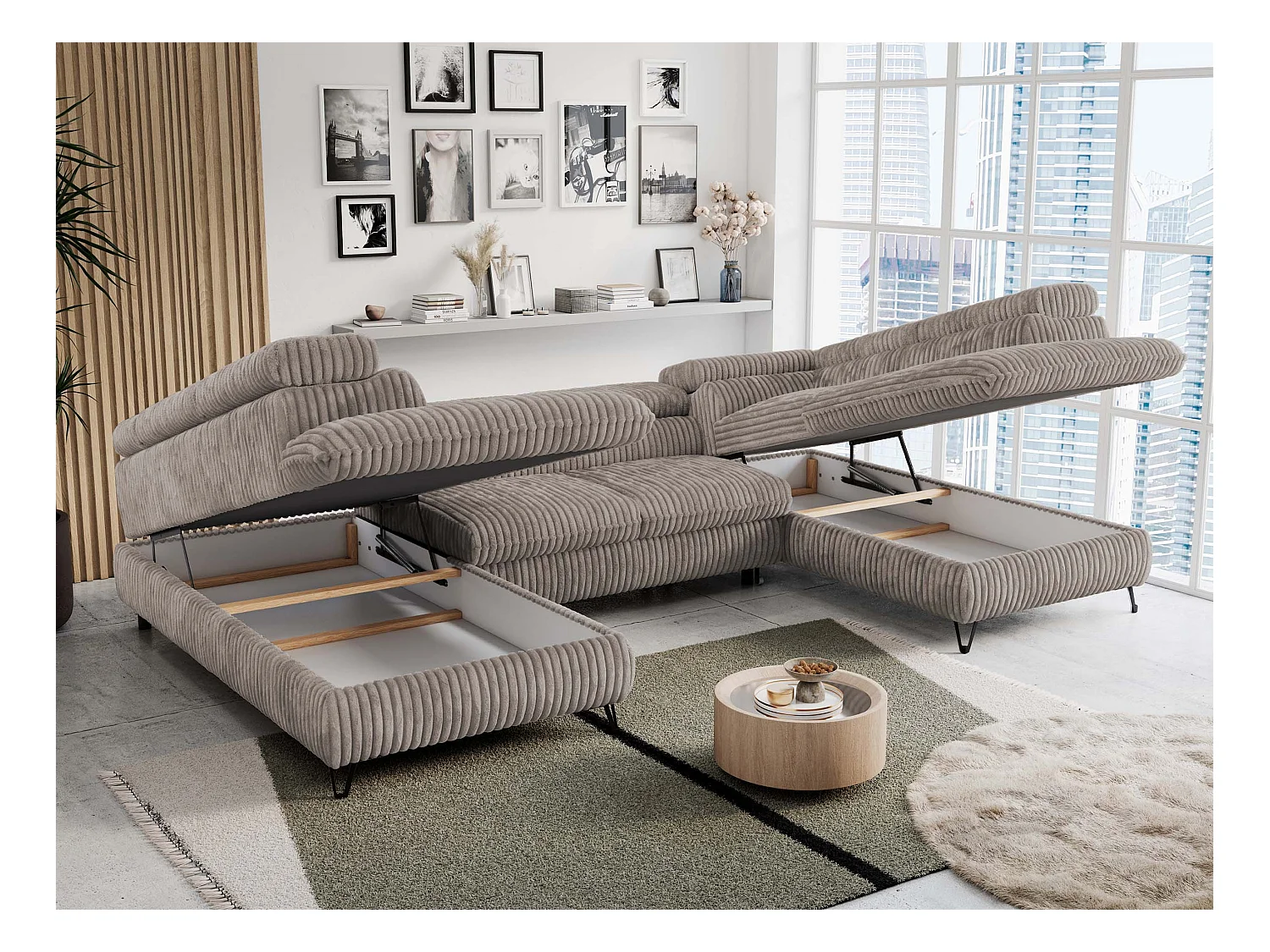 Ecksofa PETER U - schlaffunktion und Bettkästen, verstellbare Kopfstützen - Hellbraun Cord