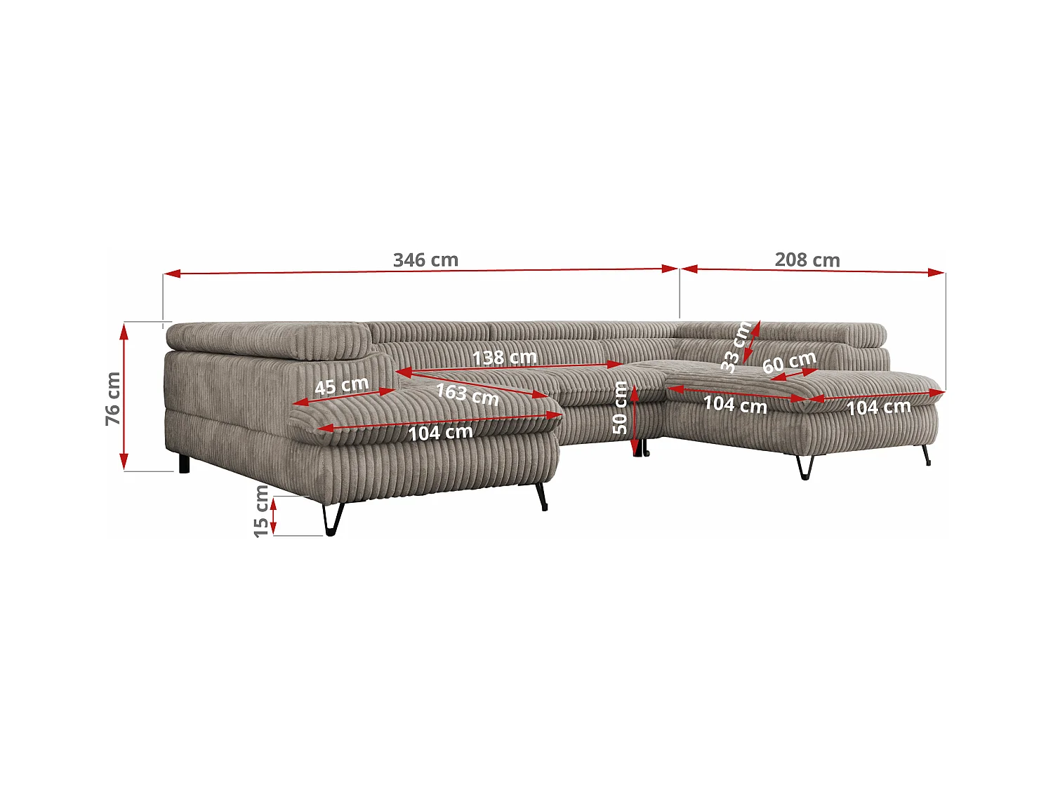 Ecksofa PETER U - schlaffunktion und Bettkästen, verstellbare Kopfstützen - Hellbraun Cord