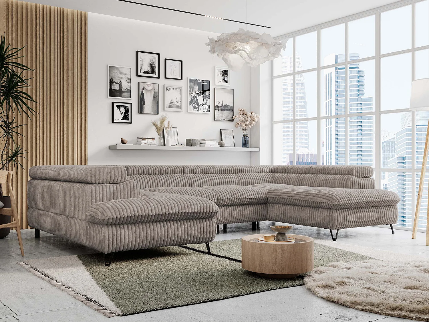 Ecksofa PETER U - schlaffunktion und Bettkästen, verstellbare Kopfstützen - Hellbraun Cord