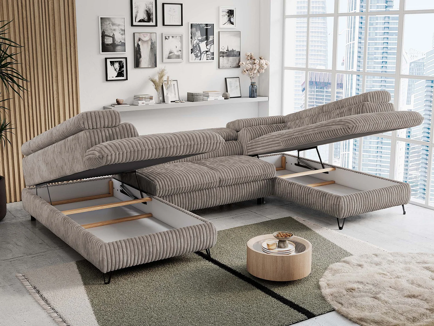 Ecksofa PETER U - schlaffunktion und Bettkästen, verstellbare Kopfstützen - Hellbraun Cord