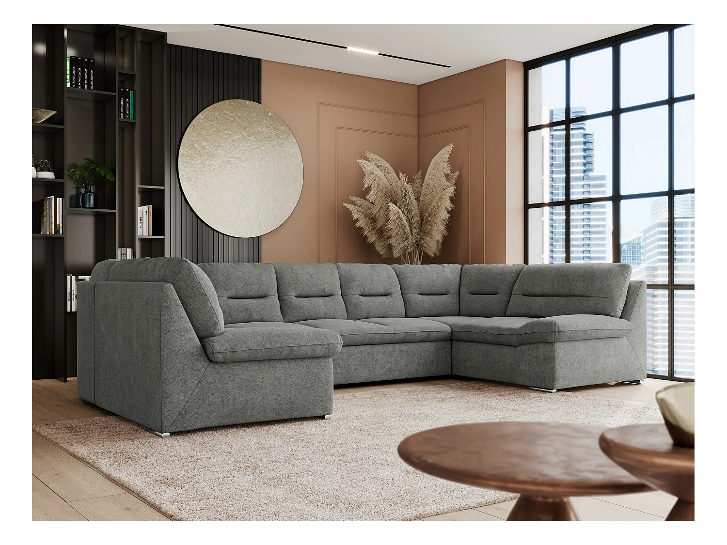 Ecksofa COMODO U, Große Wohnlandschaft, mit Schlaffunktion - Grau Stukture