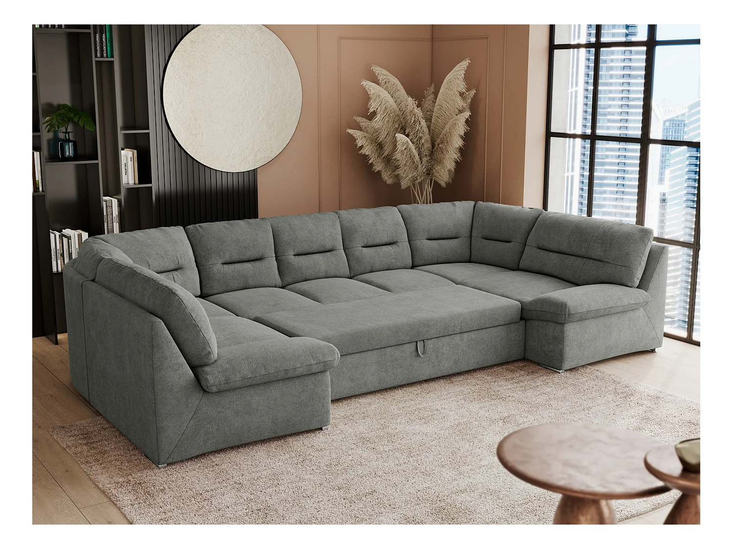 Ecksofa COMODO U, Große Wohnlandschaft, mit Schlaffunktion - Grau Stukture