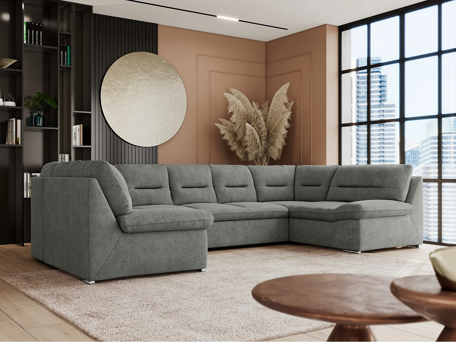Ecksofa COMODO U, Große Wohnlandschaft, mit Schlaffunktion - Grau Stukture