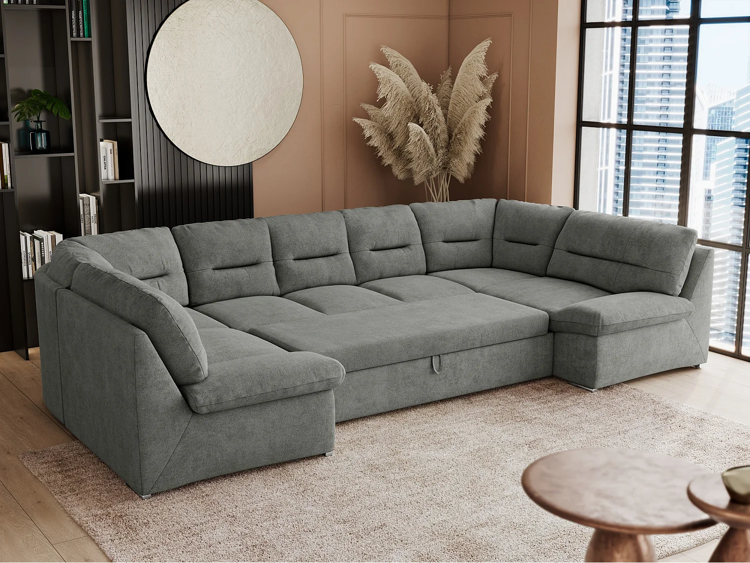 Ecksofa COMODO U, Große Wohnlandschaft, mit Schlaffunktion - Grau Stukture