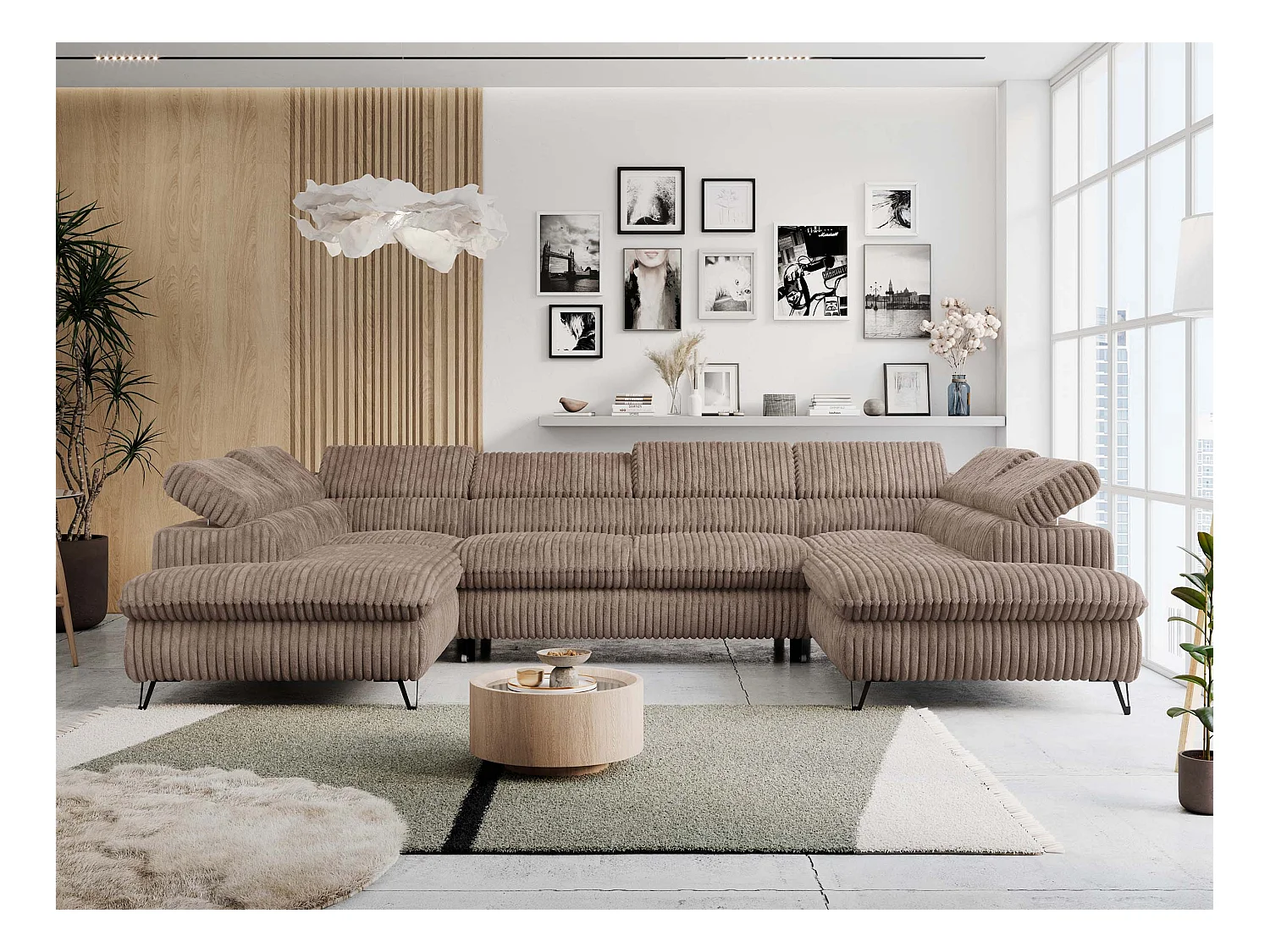 Ecksofa PETER U - schlaffunktion und Bettkästen, verstellbare Kopfstützen - Braun Cord