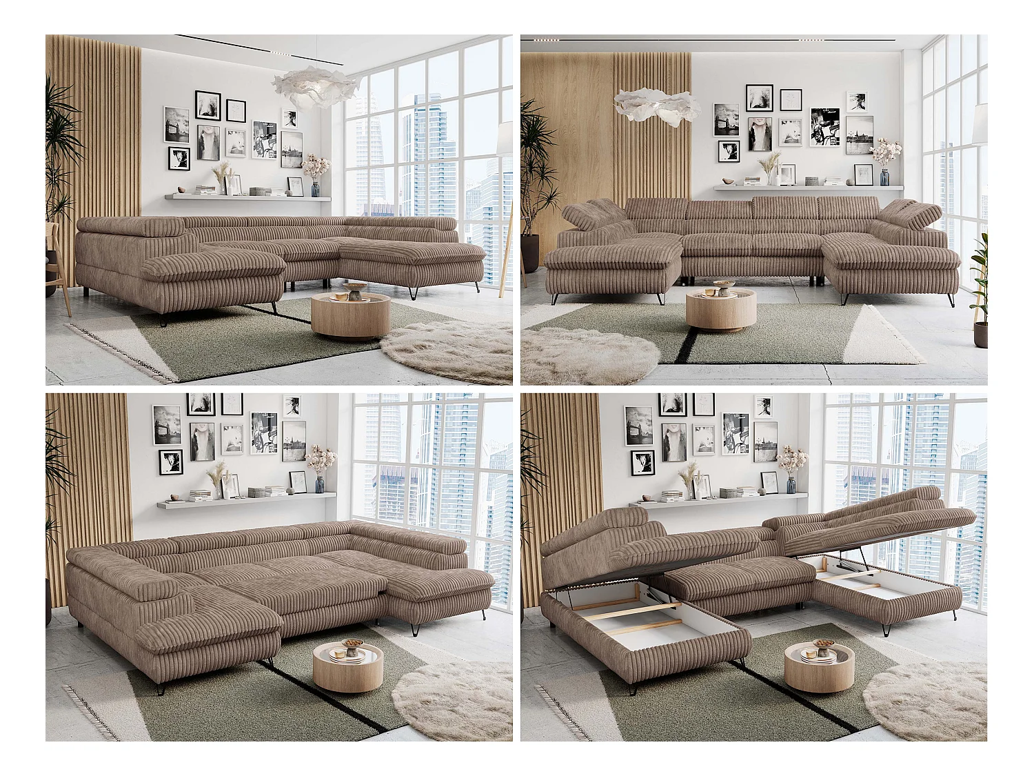 Ecksofa PETER U - schlaffunktion und Bettkästen, verstellbare Kopfstützen - Braun Cord