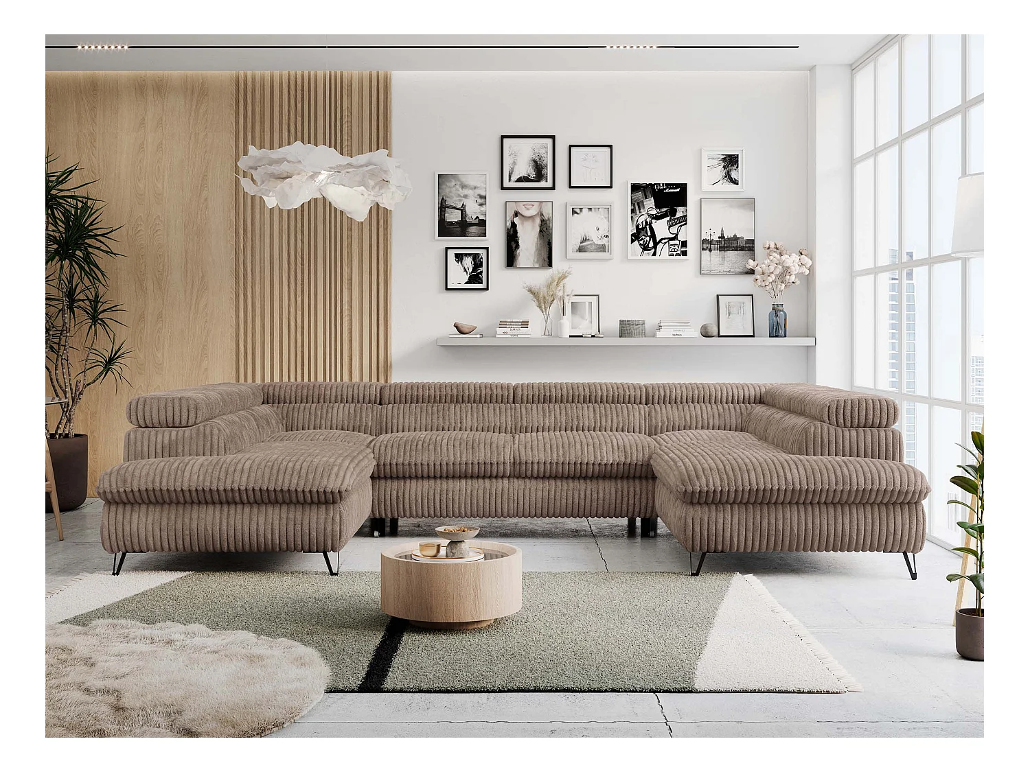 Ecksofa PETER U - schlaffunktion und Bettkästen, verstellbare Kopfstützen - Braun Cord