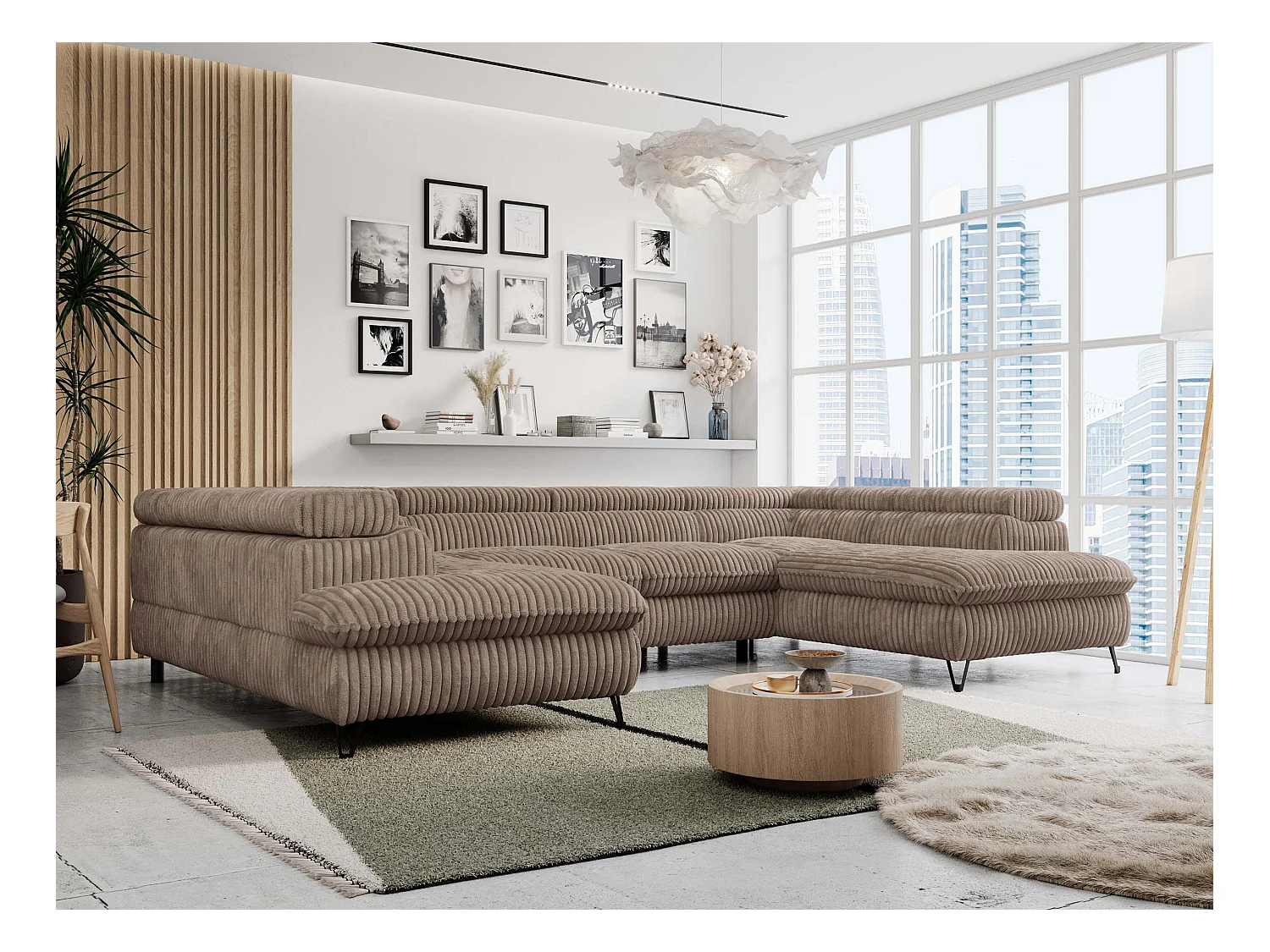 Ecksofa PETER U - schlaffunktion und Bettkästen, verstellbare Kopfstützen - Braun Cord