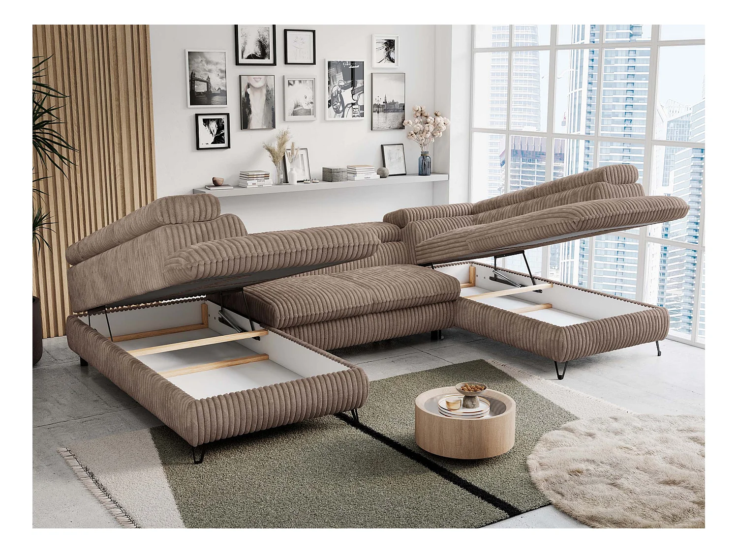 Ecksofa PETER U - schlaffunktion und Bettkästen, verstellbare Kopfstützen - Braun Cord