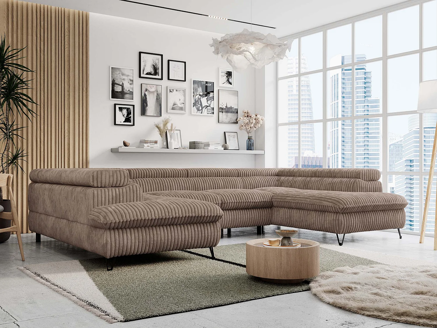 Ecksofa PETER U - schlaffunktion und Bettkästen, verstellbare Kopfstützen - Braun Cord