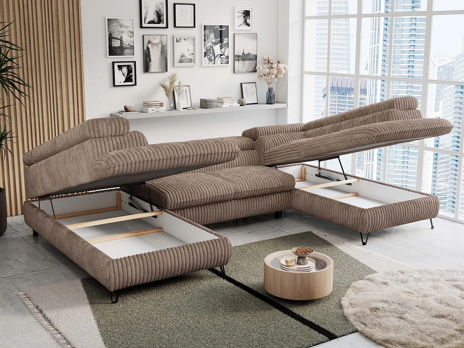 Ecksofa PETER U - schlaffunktion und Bettkästen, verstellbare Kopfstützen - Braun Cord