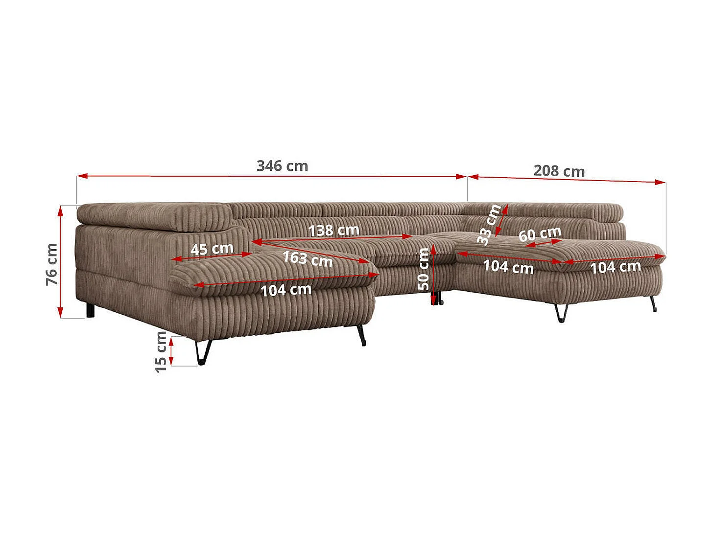 Ecksofa PETER U - schlaffunktion und Bettkästen, verstellbare Kopfstützen - Braun Cord