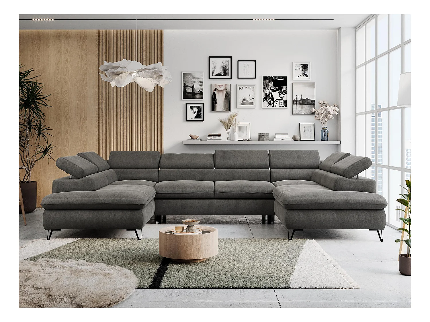 Ecksofa PETER U - schlaffunktion und Bettkästen, verstellbare Kopfstützen - Dunkelgrau Velvet