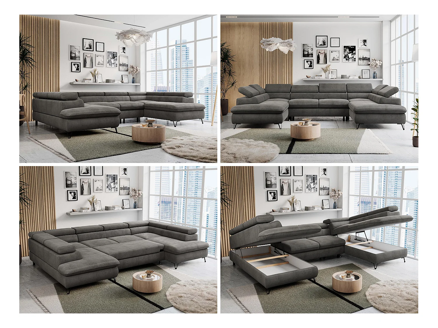 Ecksofa PETER U - schlaffunktion und Bettkästen, verstellbare Kopfstützen - Dunkelgrau Velvet