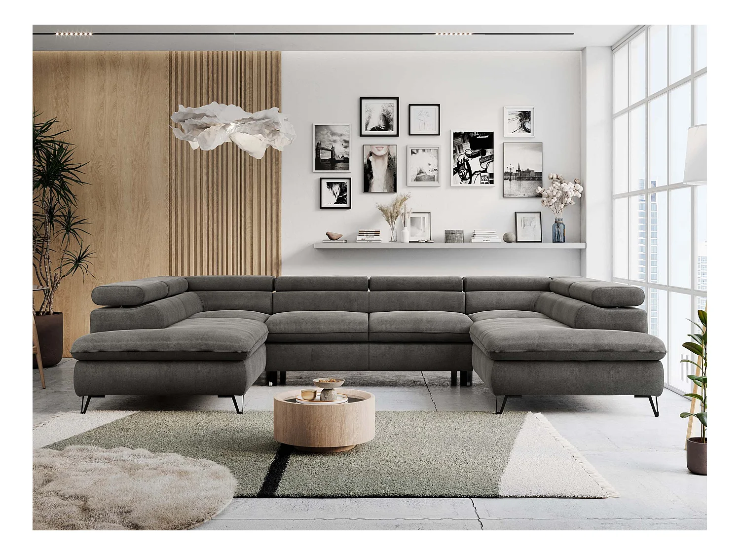 Ecksofa PETER U - schlaffunktion und Bettkästen, verstellbare Kopfstützen - Dunkelgrau Velvet