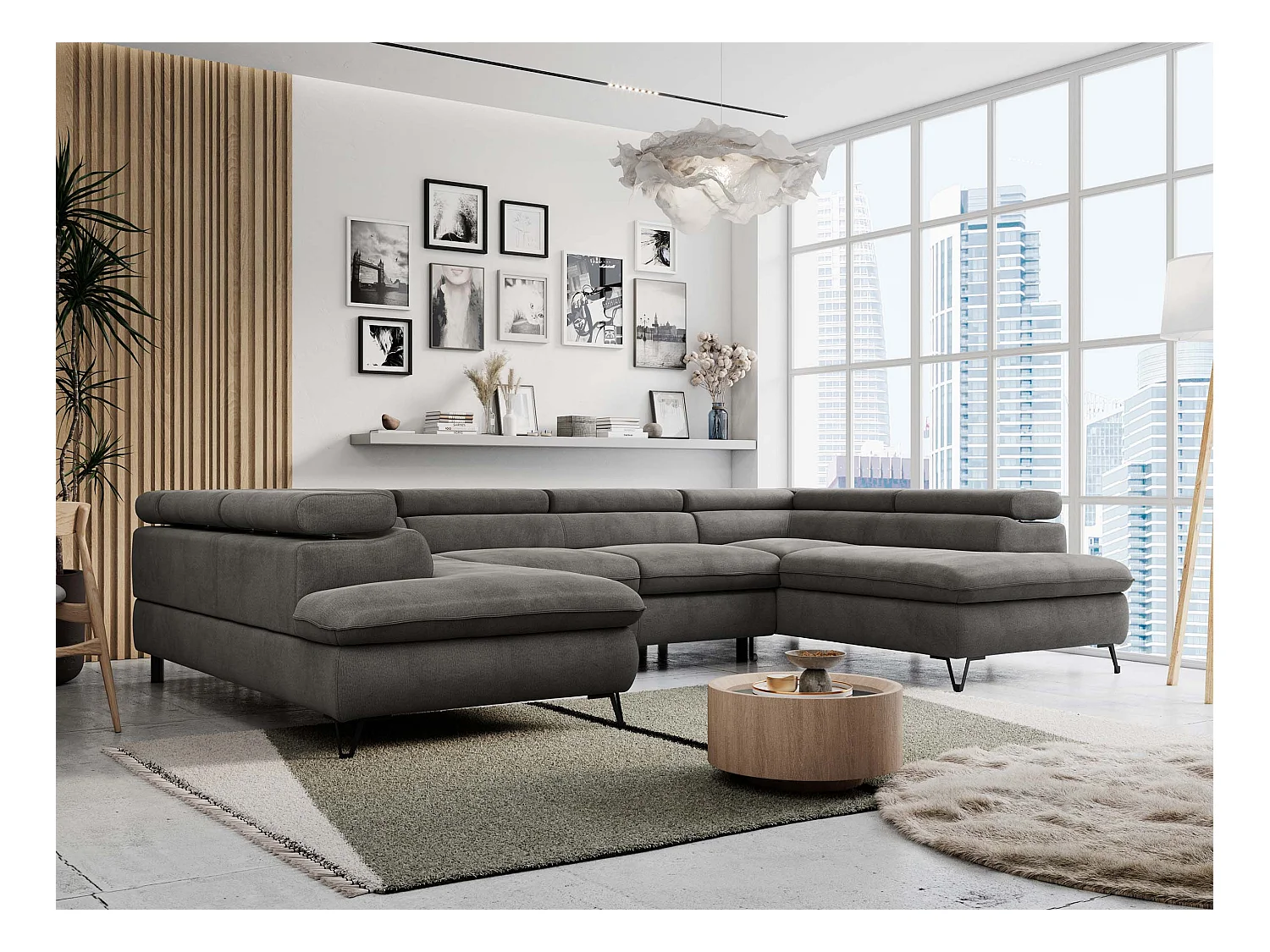 Ecksofa PETER U - schlaffunktion und Bettkästen, verstellbare Kopfstützen - Dunkelgrau Velvet