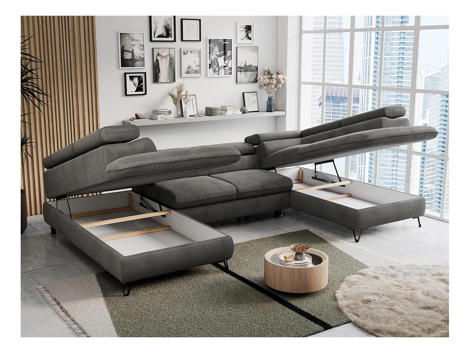 Ecksofa PETER U - schlaffunktion und Bettkästen, verstellbare Kopfstützen - Dunkelgrau Velvet