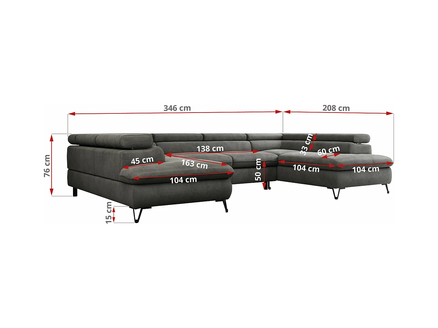 Ecksofa PETER U - schlaffunktion und Bettkästen, verstellbare Kopfstützen - Dunkelgrau Velvet