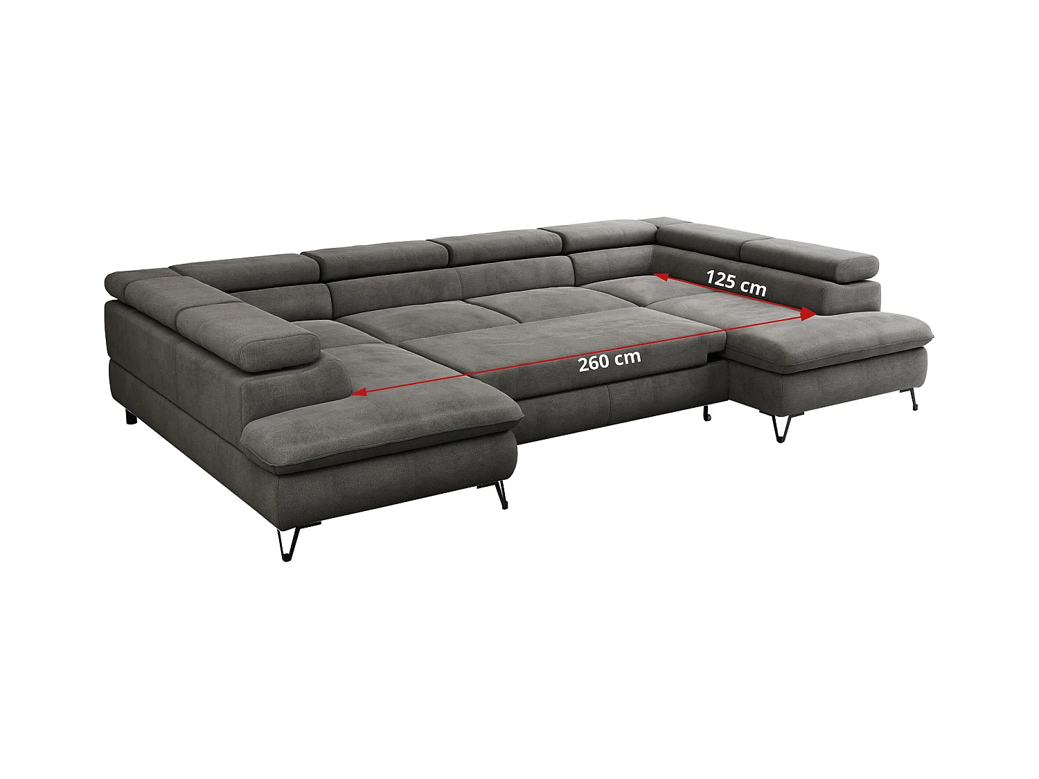 Ecksofa PETER U - schlaffunktion und Bettkästen, verstellbare Kopfstützen - Dunkelgrau Velvet