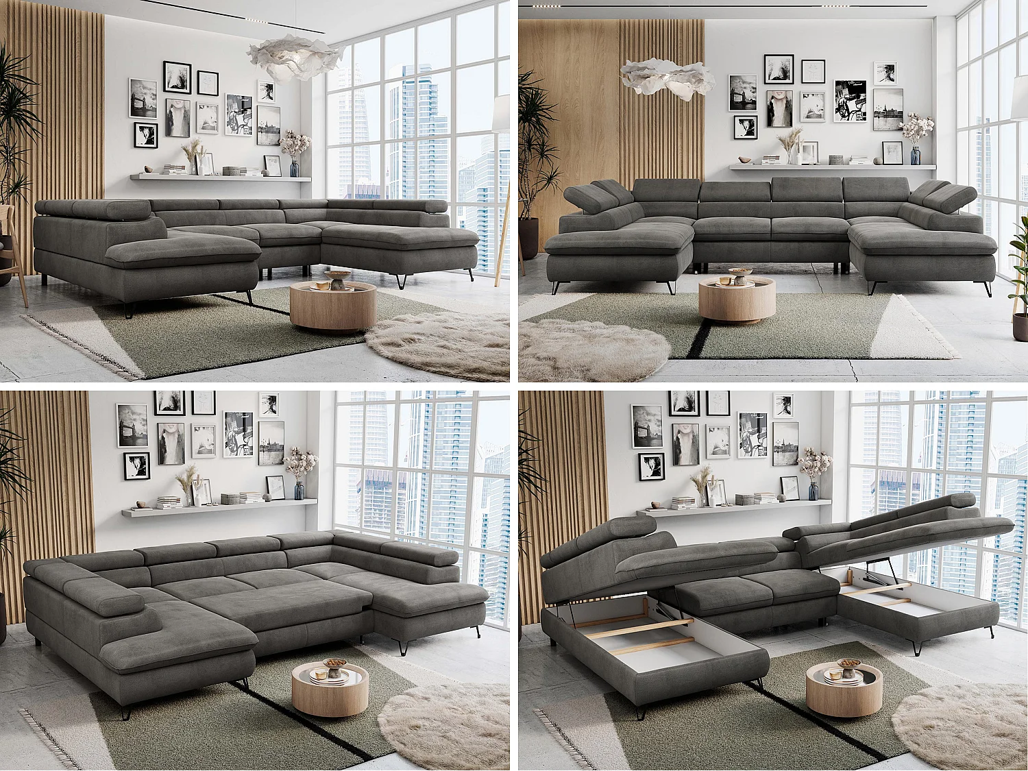 Ecksofa PETER U - schlaffunktion und Bettkästen, verstellbare Kopfstützen - Dunkelgrau Velvet