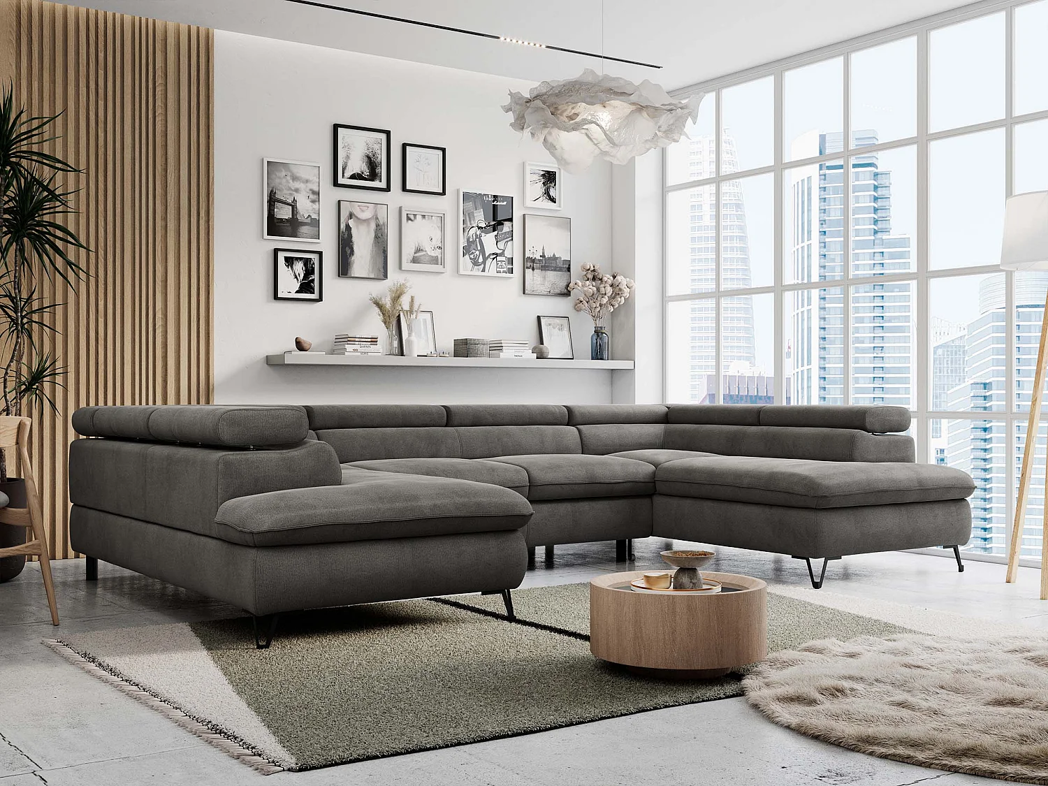 Ecksofa PETER U - schlaffunktion und Bettkästen, verstellbare Kopfstützen - Dunkelgrau Velvet