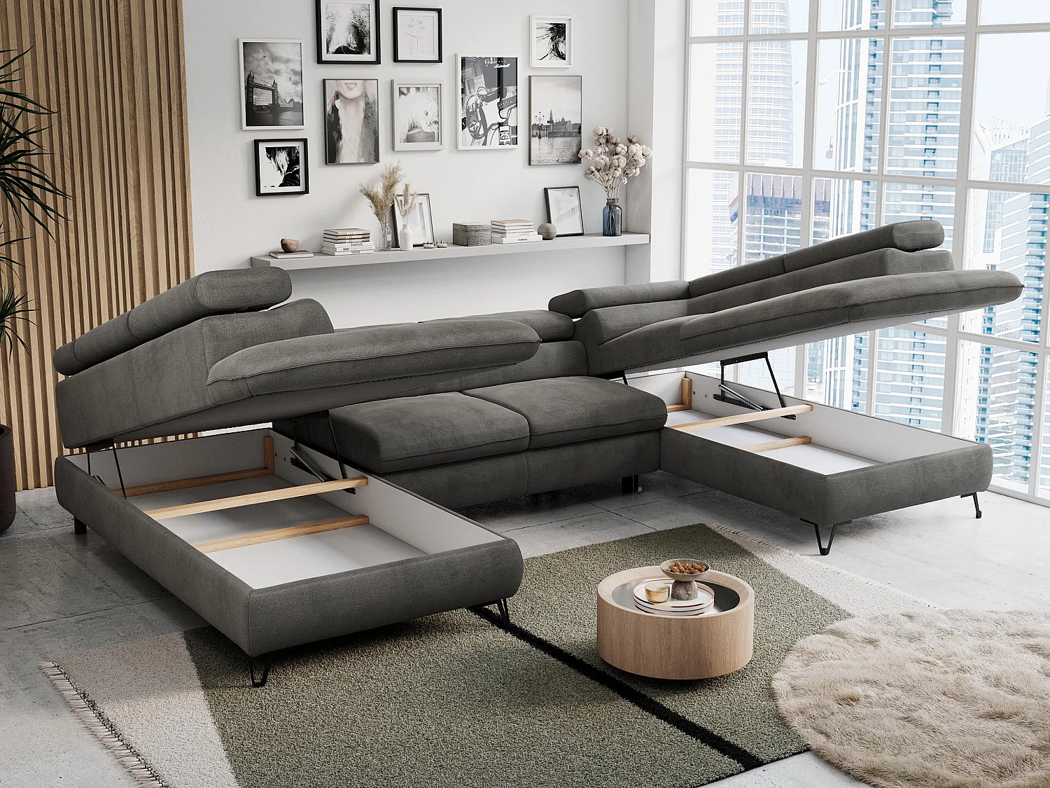 Ecksofa PETER U - schlaffunktion und Bettkästen, verstellbare Kopfstützen - Dunkelgrau Velvet