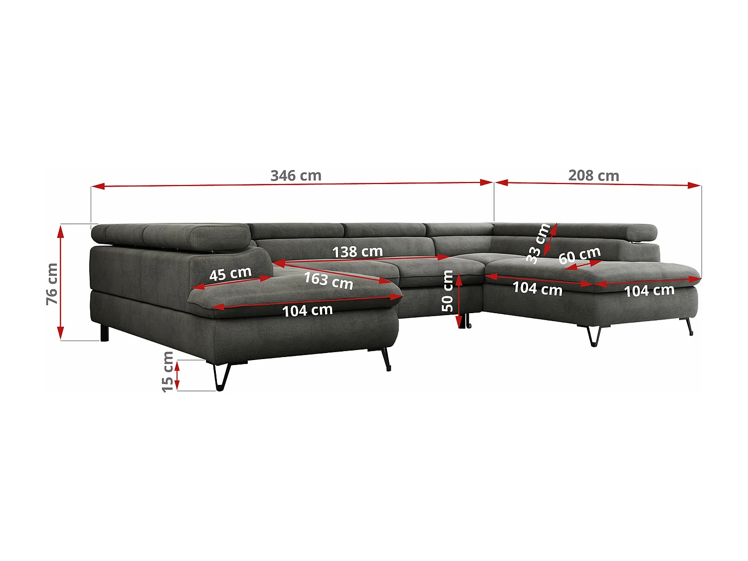 Ecksofa PETER U - schlaffunktion und Bettkästen, verstellbare Kopfstützen - Dunkelgrau Velvet
