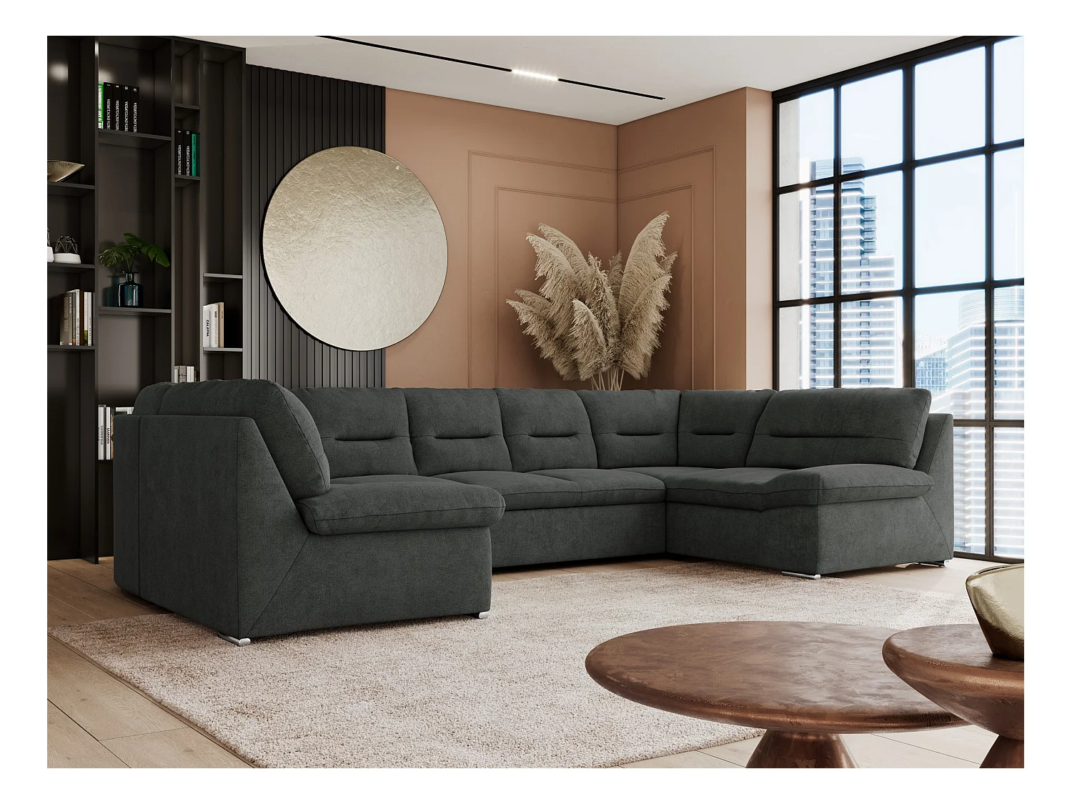 Ecksofa COMODO U, Große Wohnlandschaft, mit Schlaffunktion - Dunkelgrau Stukture