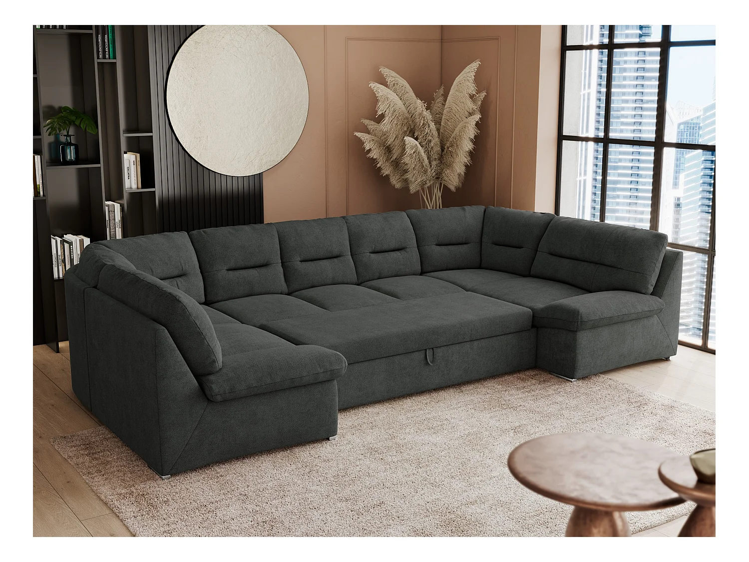 Ecksofa COMODO U, Große Wohnlandschaft, mit Schlaffunktion - Dunkelgrau Stukture