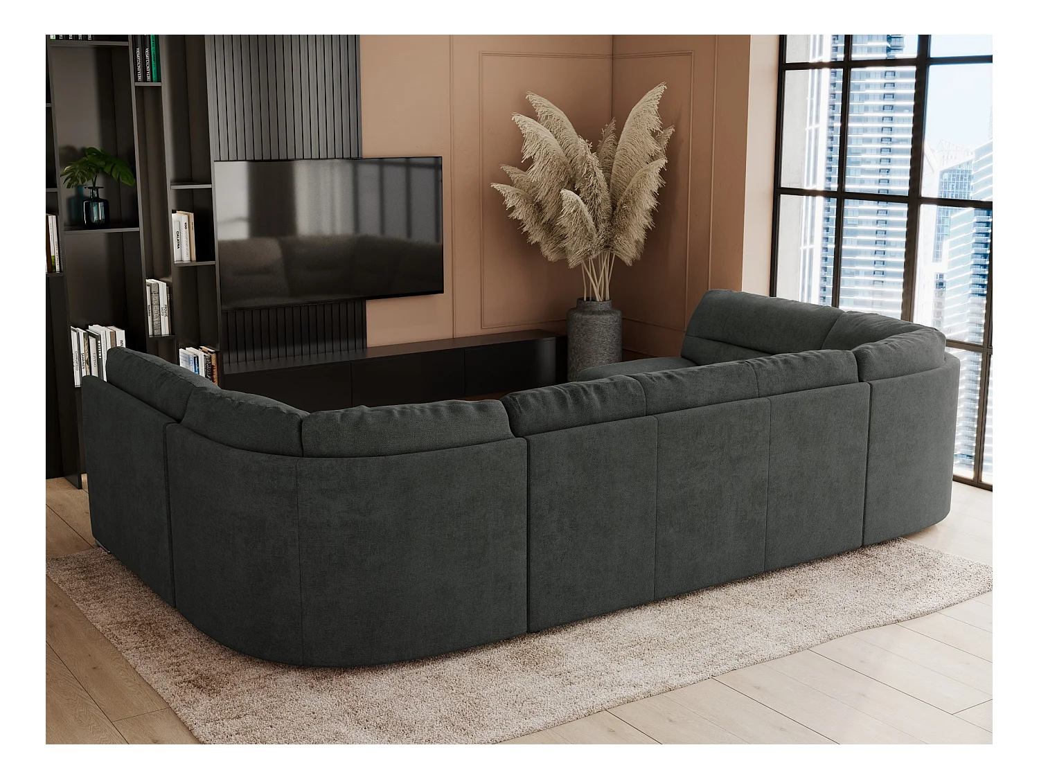 Ecksofa COMODO U, Große Wohnlandschaft, mit Schlaffunktion - Dunkelgrau Stukture