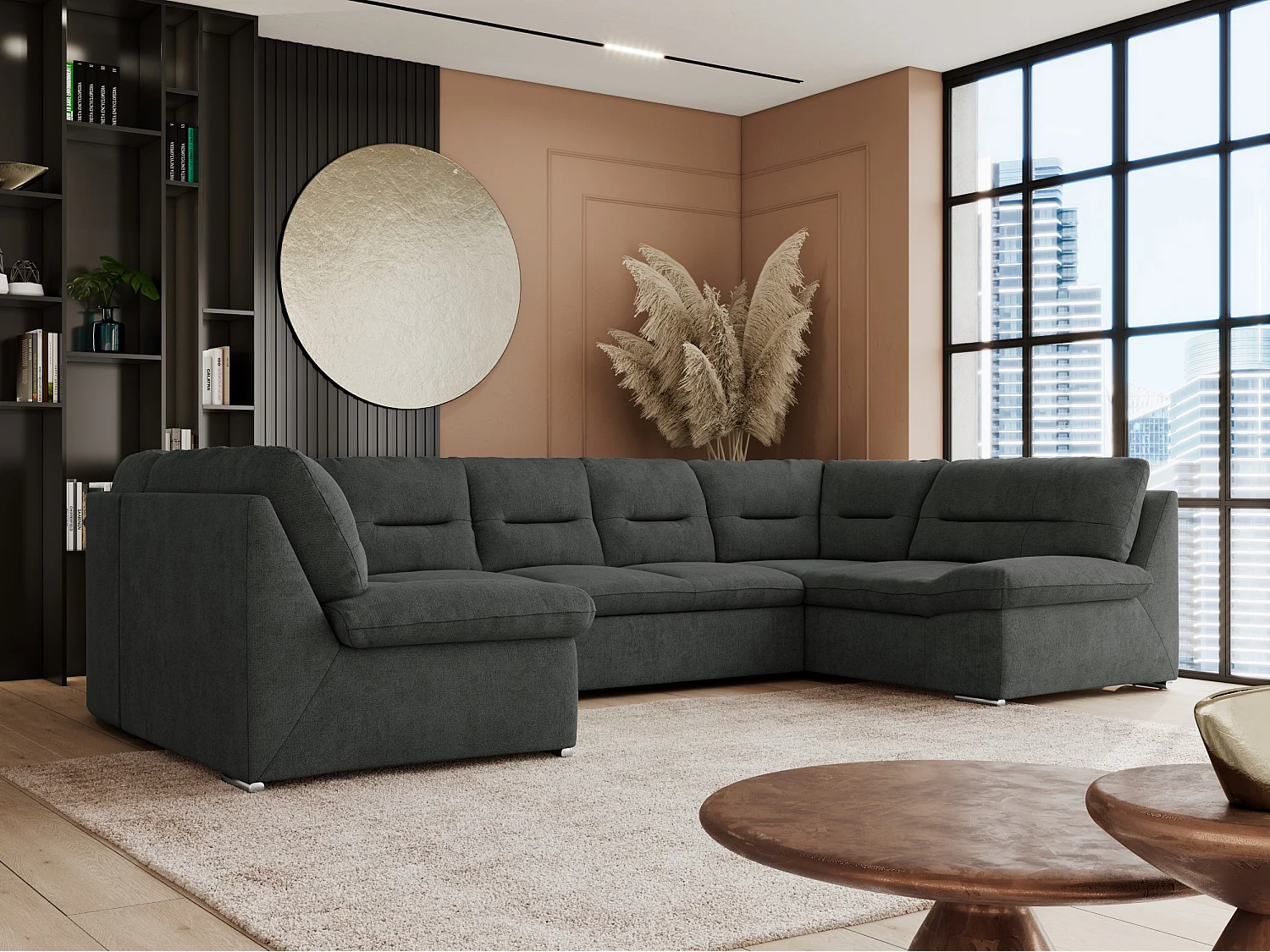 Ecksofa COMODO U, Große Wohnlandschaft, mit Schlaffunktion - Dunkelgrau Stukture