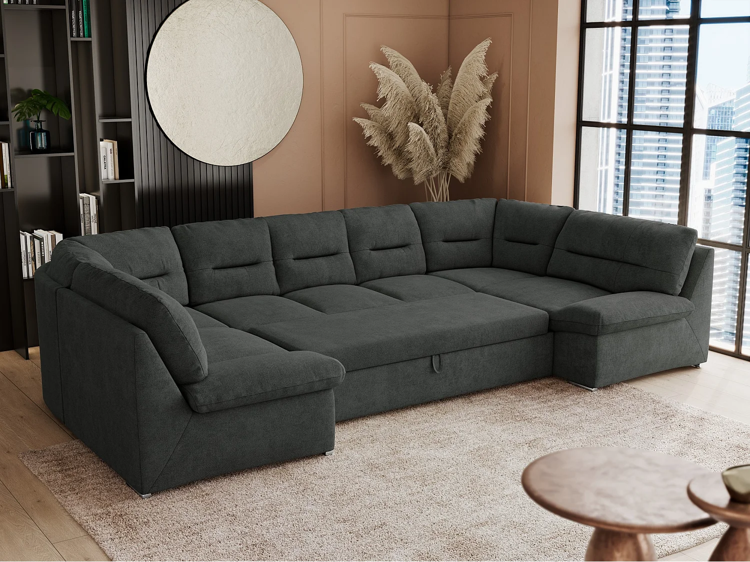 Ecksofa COMODO U, Große Wohnlandschaft, mit Schlaffunktion - Dunkelgrau Stukture