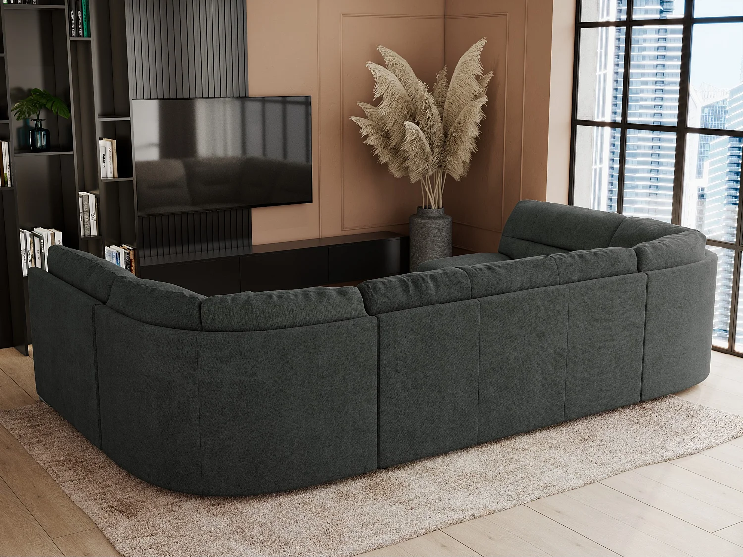 Ecksofa COMODO U, Große Wohnlandschaft, mit Schlaffunktion - Dunkelgrau Stukture